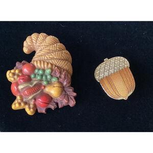 2 Brooches Hallmark Cards Brooch Lapel Pins Cornucopia & Acorn Thanksgiving Vntg
